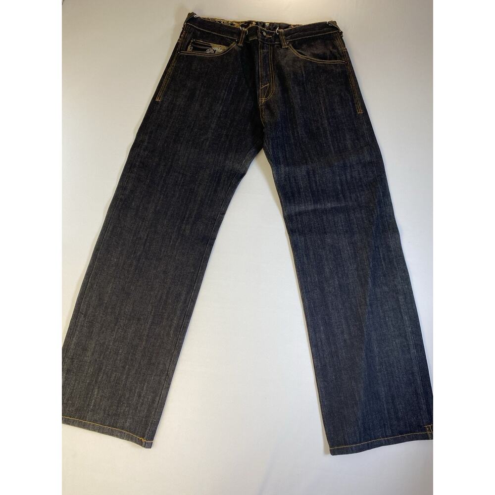 Vintage YK2 Five Pointz Dark Wash Embroidery Distressed Jeans Back Pocket 32x31